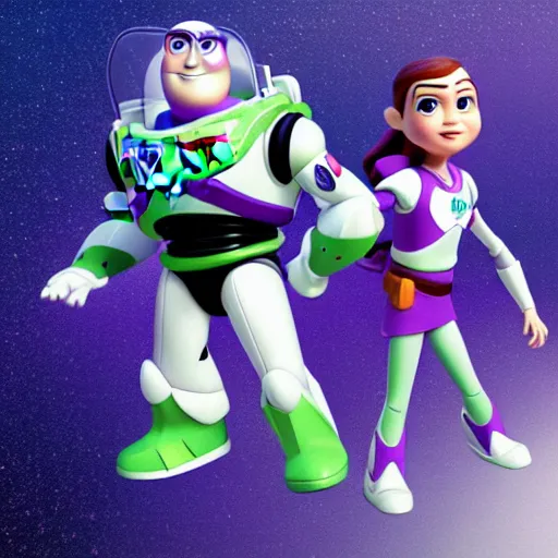 Prompt: buzz lightyear and rey skywalker holding hands