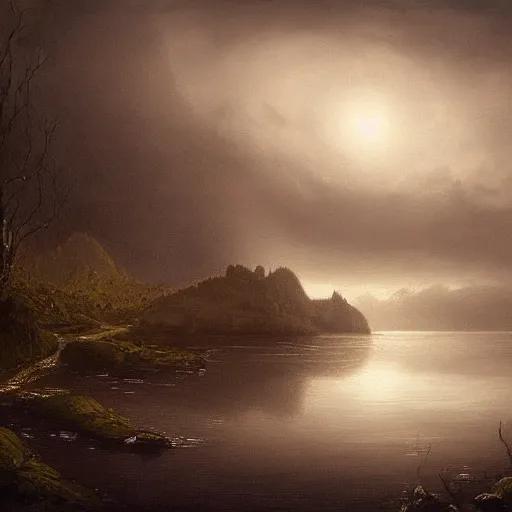 Prompt: an ultra detailed painting of a dark and mysterious misty lagoon at night, far away behind it is a cliff with a dark castle on top of it with a few windows lit, dark forests surrounding, twilight, highly detailed, fantasy, realistic, concept art, dark fantasy, haunting scenery