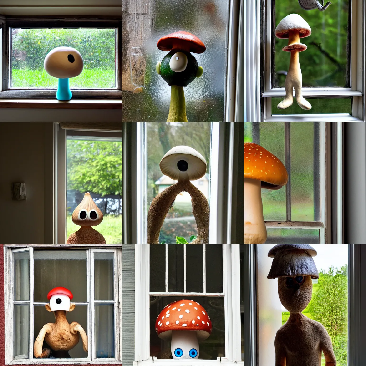 Prompt: mushroom man outside the window staring in. mushroom with eyes standing outside the kitchen window