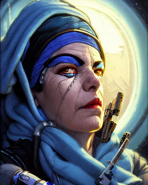 Image similar to ana from overwatch, eye patch, white hair, hooded blue cloak, older egyptian woman, character portrait, portrait, close up, concept art, intricate details, highly detailed, vintage sci - fi poster, in the style of chris foss, rodger dean, moebius, michael whelan, and gustave dore