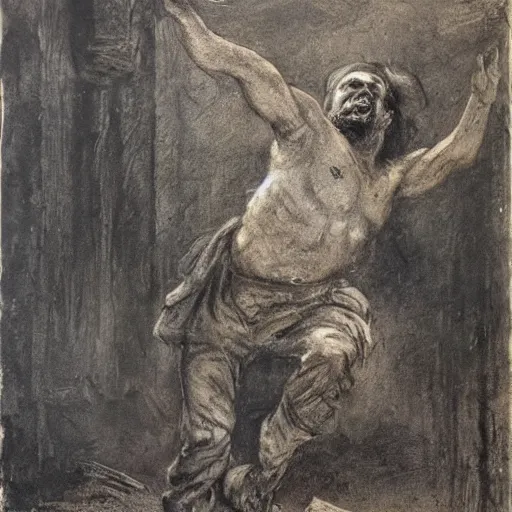 Image similar to Street art. A man with a large head and a small body is floating in the air, his arms and legs flailing. His clothes are tattered and he has a wild look in his eyes. naturalism, crayon by Adolph Menzel doom