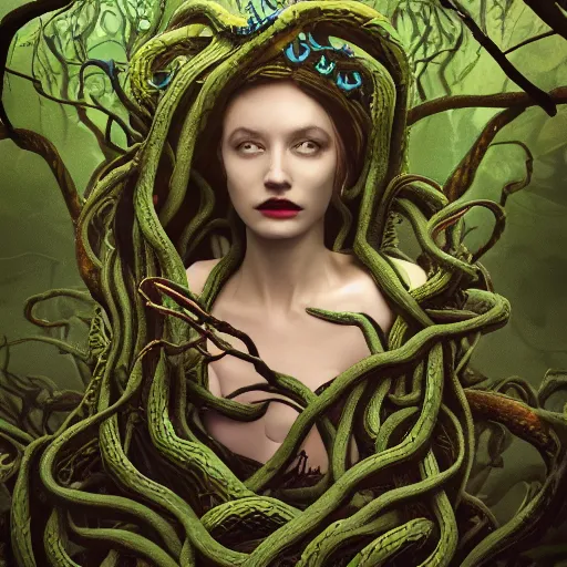 Prompt: dark queen of snakes, crown of vines, blue skin, realism, dark fantasy, surrounded by snakes in a twisted forest, octane render, artstation