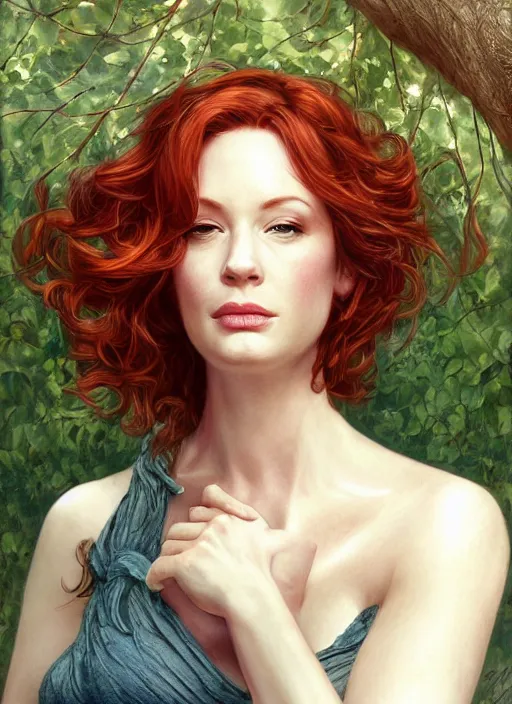 Image similar to tired Christina Hendricks taking a rest under a tree after an long adventure a ruggedly muscled handsome heroine, intricate, elegant, highly detailed, centered, digital painting, artstation, concept art, smooth, sharp focus, illustration, artgerm, donato giancola, Joseph Christian Leyendecker, WLOP, Artgerm, thunder storm