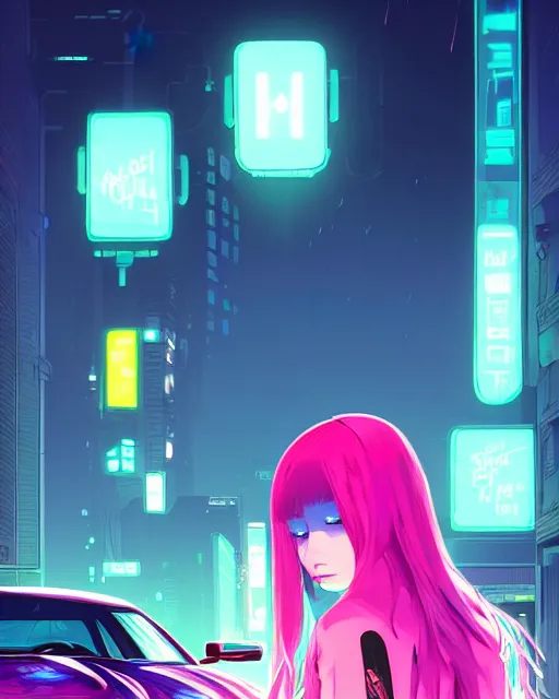 Image similar to digital illustration of cyberpunk pretty girl with pink hair, standing by a blue ford gt in a street at night, under streetlights, by makoto shinkai, ilya kuvshinov, lois van baarle, rossdraws, basquiat