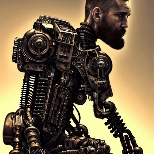 Image similar to ultra realist intricate detailed pin - up painting of a single rugged cyborg male, bearded face and cyborg tech on body and legs, symmetry accurate features, cyberpunk, industrial, apocalyptic, very intricate details, focus, high resolution, 8 k resolution, dramatic lighting, artstyle vincent di fate and alex ries, award winning