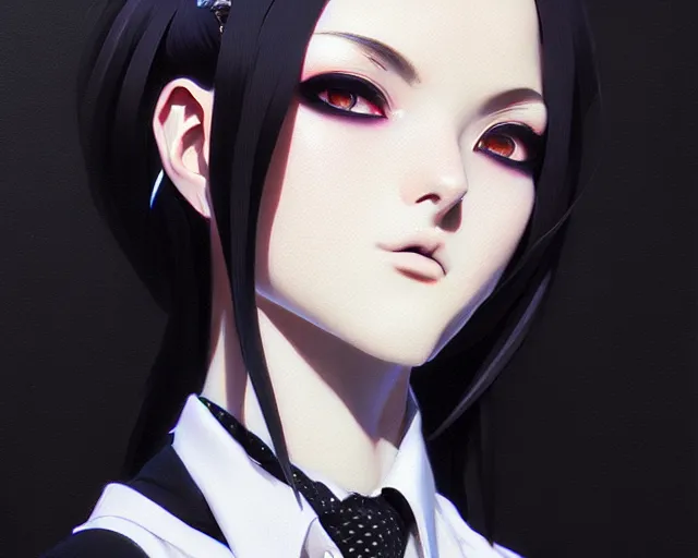 Image similar to a ultradetailed beautiful portrait panting of a stylish goth woman, wearing a shirt with a tie, dramatic, she has black hair, fashion, by makoto shinkai, greg rutkowski and hajime sorayama, trending on artstation