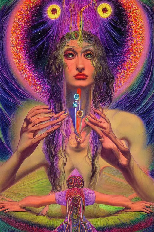 Image similar to mystic cult girl performing psychedelic third eye ritual, expanding energy into waves into the ethos, epic surrealism 8k oil painting, high definition, post modernist layering, by Ernst Fuchs, John Howe