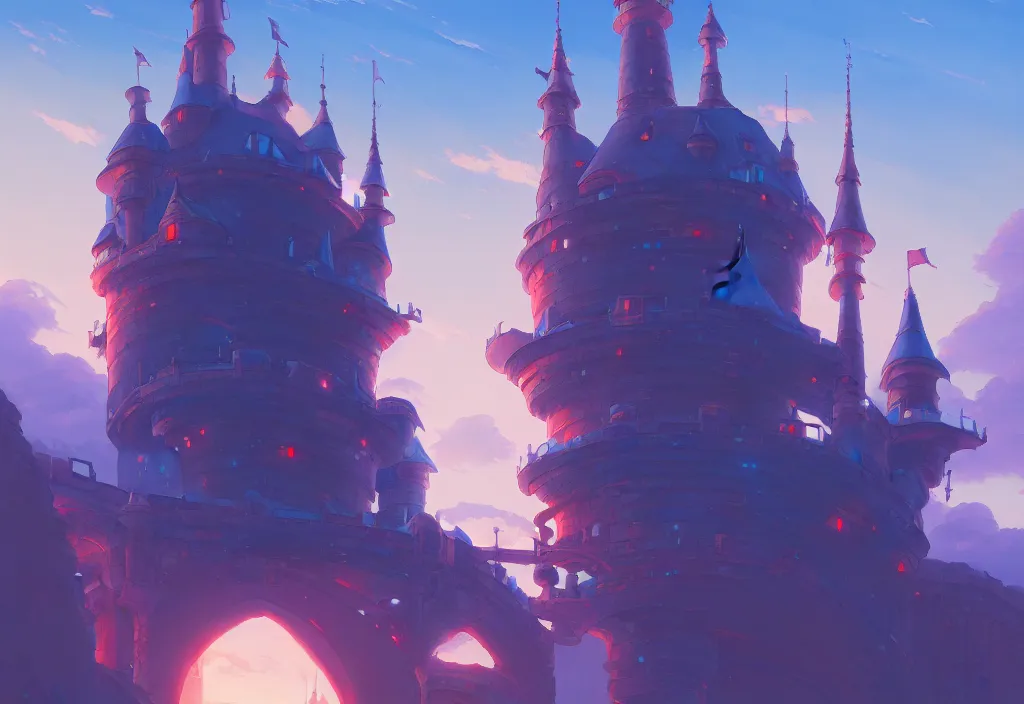 Image similar to a small chubby blue futuristic castle at dawn, intricate oil painting, high detail illustration, sharp high detail, manga and anime 1 9 9 9, official fanart behance hd artstation by jesper ejsing and makoto shinkai, 4 k,