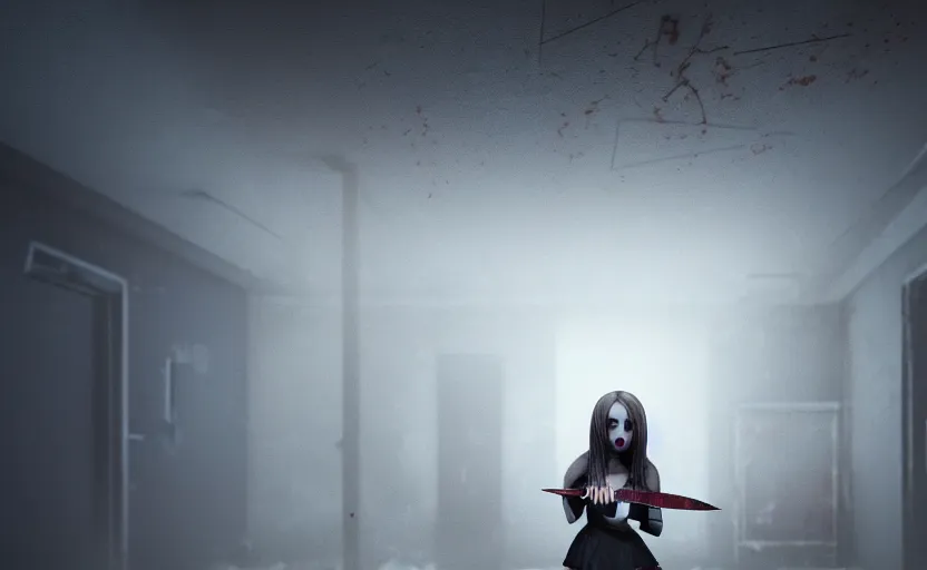 Image similar to gothic girl holding a knife in an abandoned hospital room with red ceiling lighting and several blue lights on the walls, gloomy and foggy atmosphere, octane render, artstation trending, horror scene, highly detailded