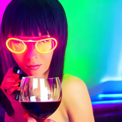 Image similar to anime girl drinking wine from a neon bar