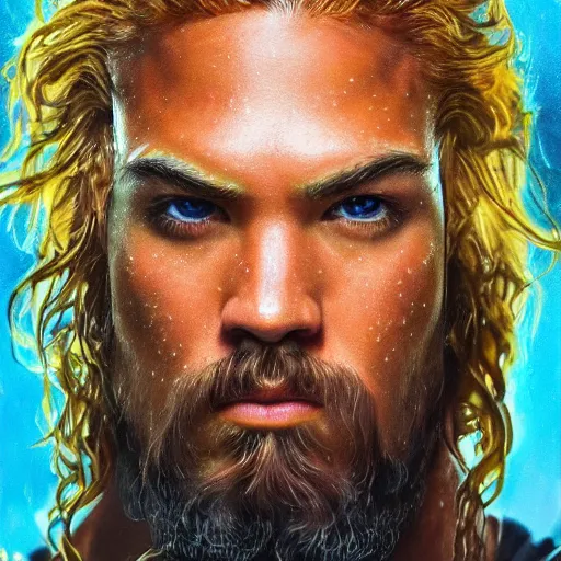 Prompt: intricate five star portrait of aquaman, oil on canvas, hdr, high detail, photo realistic, hyperrealism, matte finish, high contrast, 3 d depth, centered, masterpiece, vivid and vibrant colors, enhanced light effect, enhanced eye detail, artstationhd