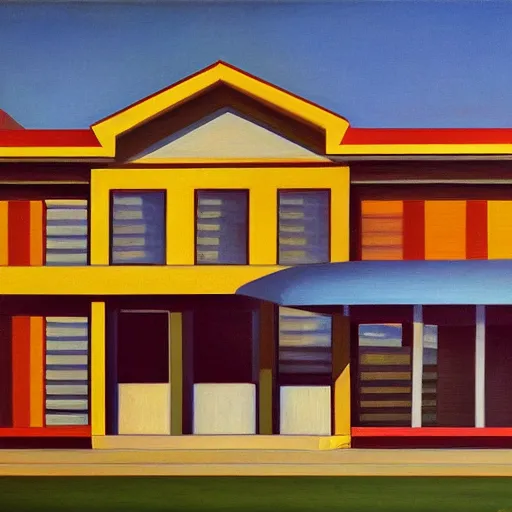 Image similar to googie architecture, grant wood, pj crook, edward hopper, oil on canvas