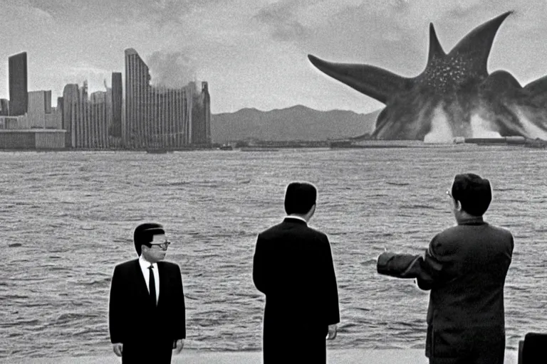 Prompt: a filmstill of Kim Jong-il looking at Pulgasari the starfish Kaiju monster destroying Pyongyang, in Dr Strangelove by Stanley Kubrick (1964), traditional Korean city, palace, epic ultrawide shot, cinemascope
