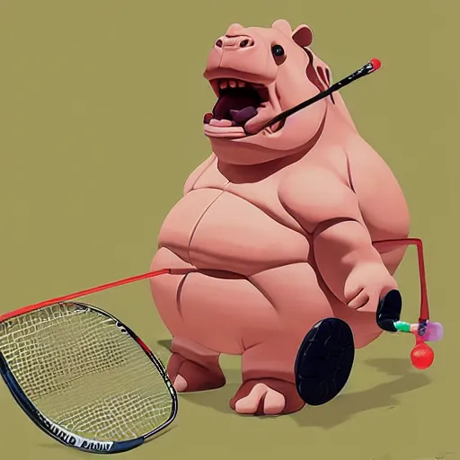 Image similar to illustration of hippo action figures playing badminton by ilya kuvshinov katsuhiro otomo