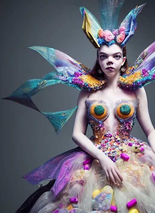 Image similar to expressive full body photo of anya taylor - joy, dress made of sweets and candies, glamour shot, by karol bak, stefan gesell, photorealistic, nikon d 4 x, fashion photography, hyper maximalist, elegant, ornate, luxury, elite, environmental portrait, symmetrical features, octane render, unreal engine, solid dark grey background, dramatic lights