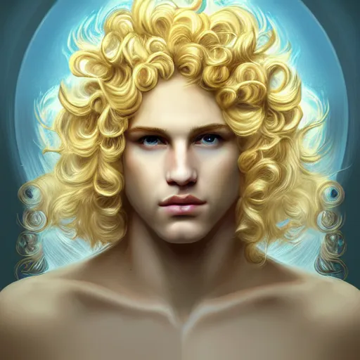 Prompt: Apollo the pale blond androgynous god of the sun, highly detailed, very very very curly golden blond hair, baroque drill curls, curtain bangs, central parted fringe, extremely luscious curly blond hair, very very very pale white skin, digital painting, artstation, concept art, soft light, sharp focus, illustration