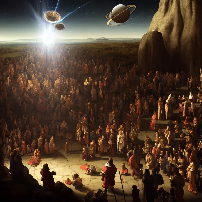 Image similar to crowd of medieval people surrounding UFO flying saucer on exoplanet, dream-like atmosphere, baroque portrait painting, perfect portrait composition, beautiful detailed intricate insanely detailed octane render trending on Artstation, 8K artistic photography, photorealistic, soft natural volumetric cinematic perfect light, chiaroscuro, award-winning photograph, masterpiece, Raphael, Caravaggio, Greg Rutkowski, Beeple