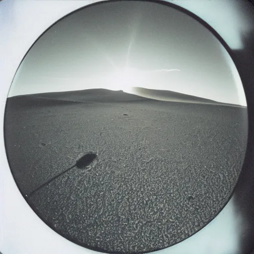 Image similar to a big metal disk over a the desert at night, distant!!, historical photo, old polaroid, expired film,