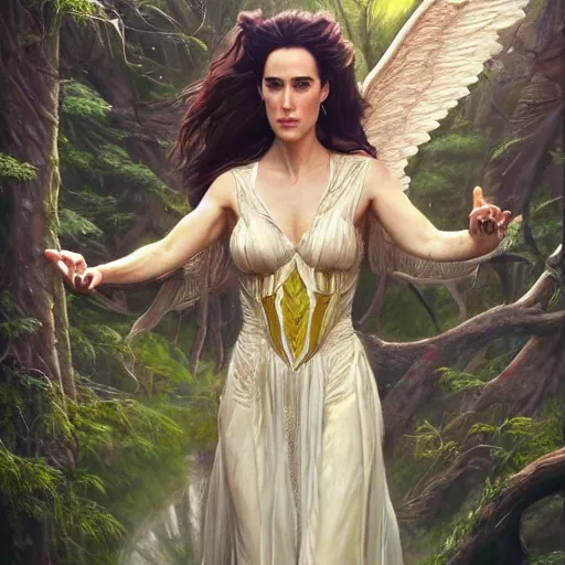 Image similar to A beautiful detailed painting of jennifer connelly as a female angel warrior in a magical forest by john sargent and Kalin Popov , Trending on artstation HD.