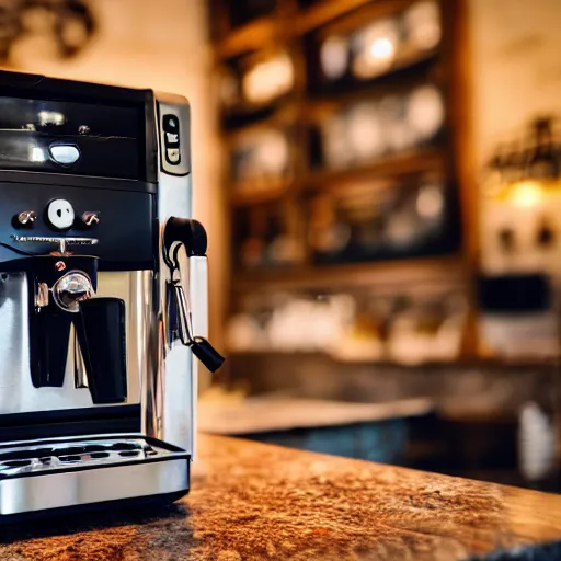 Prompt: close up realistic detailed photo of an expensive coffee machine in a cozy coffee shop, hdr, depth of field, chrome, reflections, volumetric lighting