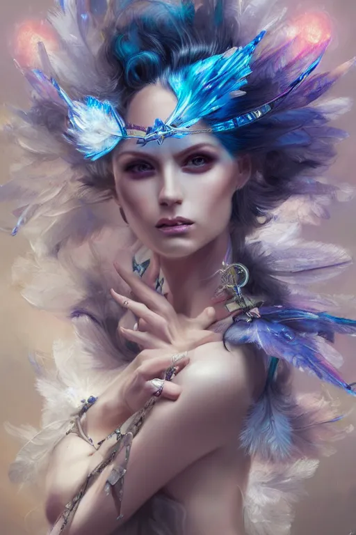 Image similar to beautiful model wearing crystal white feathers, blue magic, diamonds, angel, fantasy, dramatic lighting, highly detailed, digital painting, holding electricity, magic the gathering, hyper detailed, 3 d render, hyper realistic detailed portrait, peter mohrbacher, wlop, ruan jia