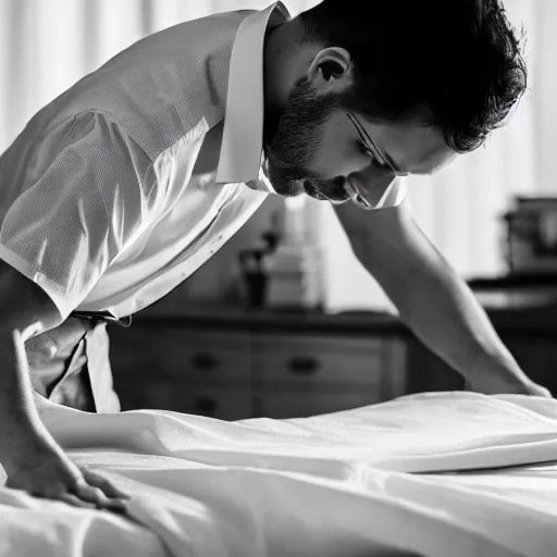 Prompt: a man ironing his collar shirt on a bed, photography, award winning, hyper detailed, dim lighting, 8 k