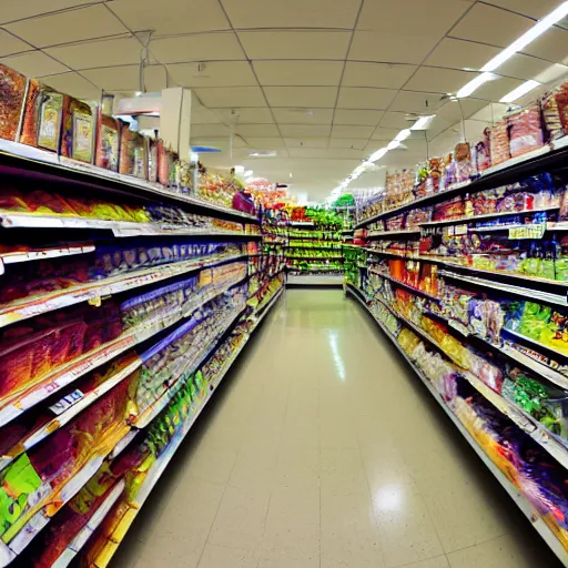 Prompt: supermarket aisles, shoppers, fisheye lens, color, fluorescent lighting,