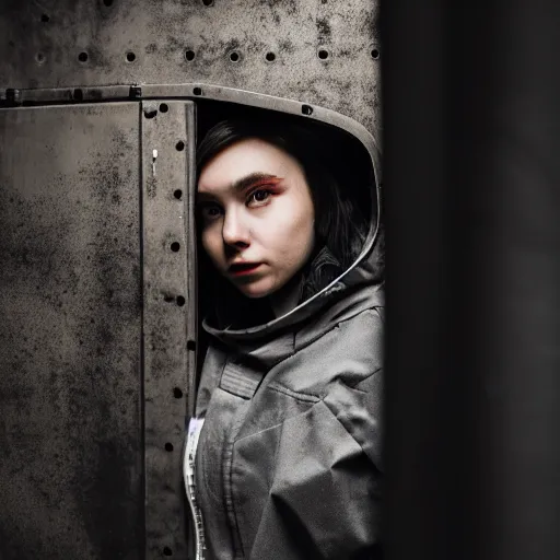 Image similar to photograph of a techwear mixed young woman inside a hidden busy speakeasy, closeup, brutalist design, sigma 85mm f/1.4, 4k, depth of field, high resolution, 4k, 8k, hd, full color