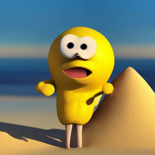 Image similar to 3 d render, of anthropomorphic lemon character with an angry look on his face, he is wearing a hat, relaxing on the beach at sunset, beach, waves, sun, rim light, cinematic photography, professional, sand, sandcastle, volumetric lightening
