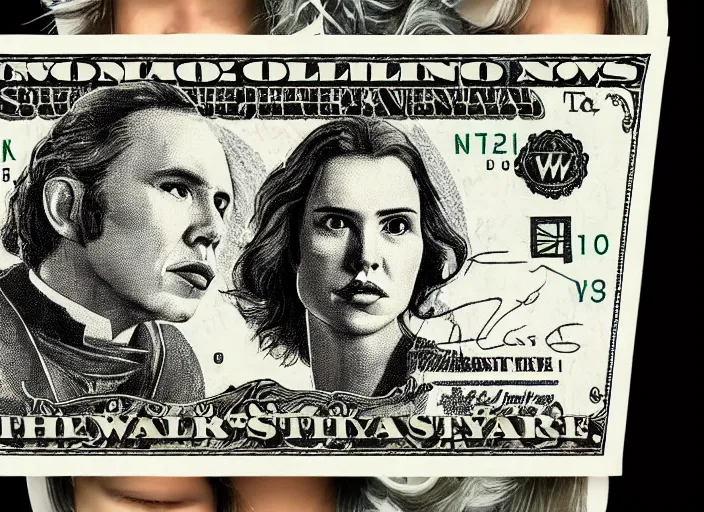 Prompt: reylo kiss on a dollar bill