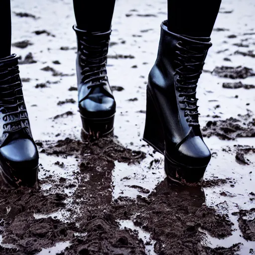 Image similar to a photo of a woman walking trough muddy nature in her shiny black platform boots, wedge heel, very chunky goth style, really muddy, close up of her feet and calves, 8k