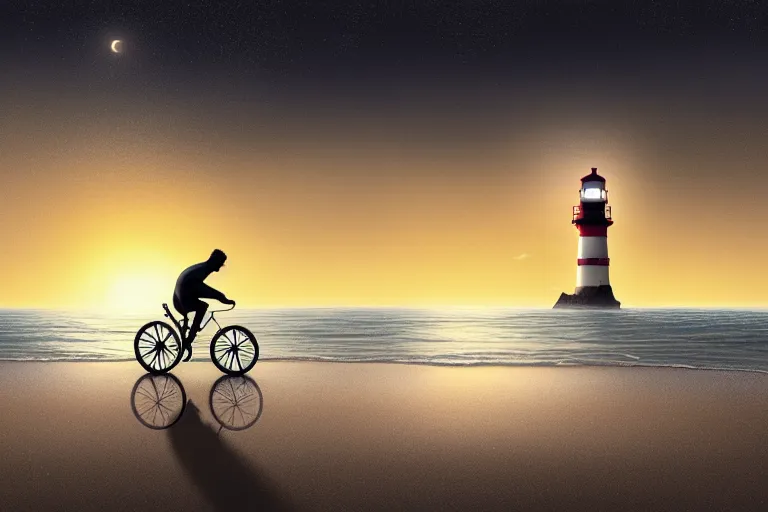 Image similar to photo of man riding a bicycle along the beach, glowing underwater toward a lighthouse in the distance guiding his way, silhouette, wide horizon, large white clouds, night, intricate, elegant, highly detailed, digital painting, artstation, concept art, smooth, sharp focus, illustration, art by artgerm and greg rutkowski and fra angelico