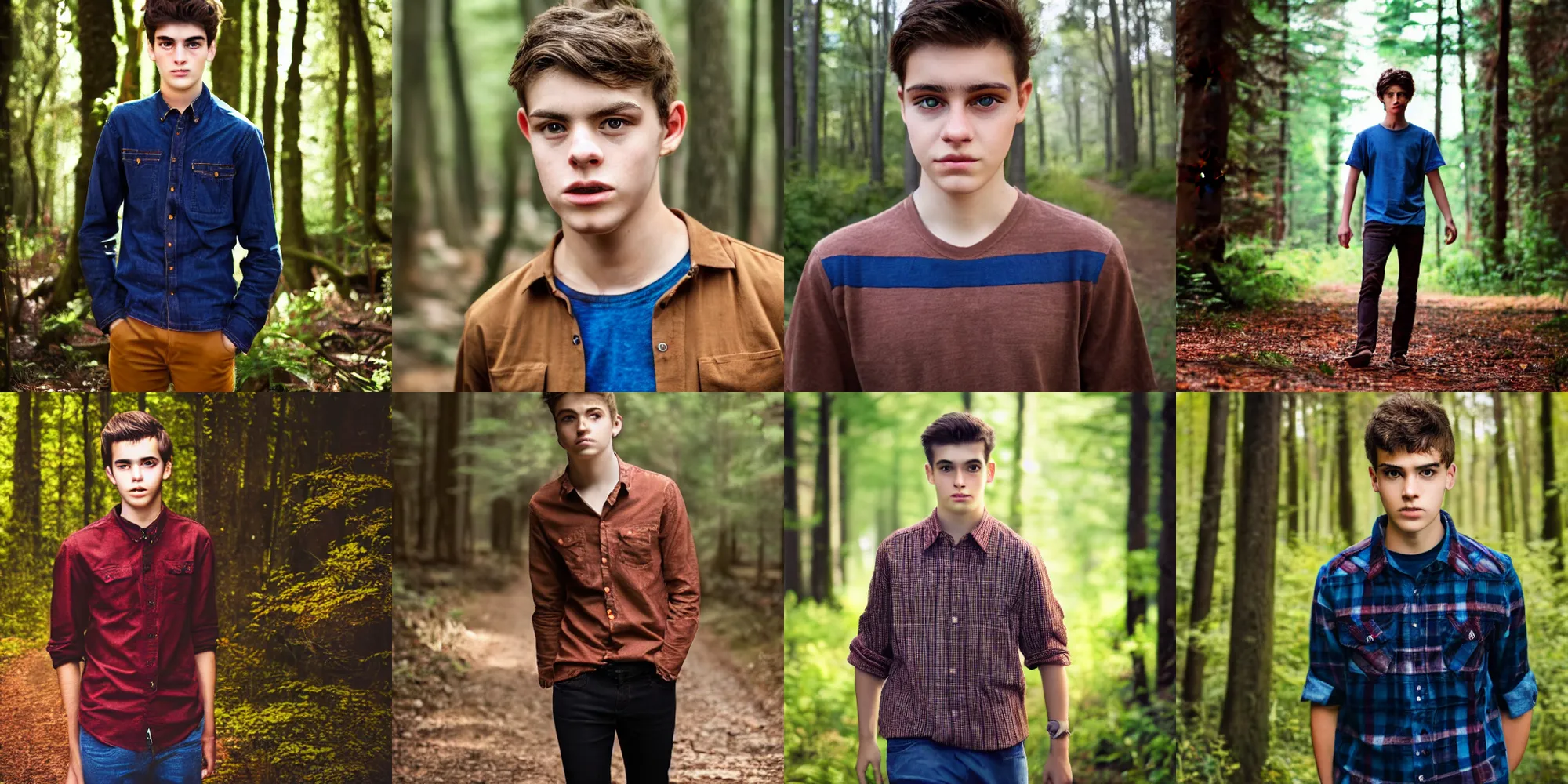 Prompt: walking in forest, portrait, male teenager, dark eyes, natural eyebrows, detailed face, brown hair, red shirt, blue jeans, realistic photo.