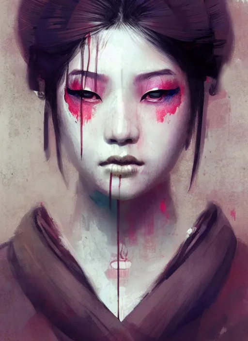 Image similar to female geisha girl, beautiful face, neon, rule of thirds, intricate outfit, spotlight, by greg rutkowski, by jeremy mann, digital painting