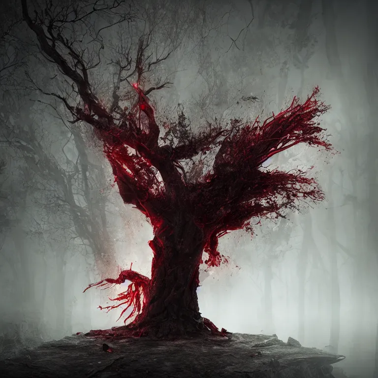 Image similar to a bloody tree as a demon on hell, dark, foggy, eerie, splash, sparkle, smoke, particles, octane render, unreal engine, artstation, digital art.