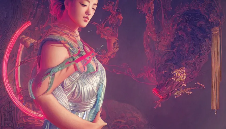 Image similar to mythology, neon, Female Ancient China Dance, queen, academic Reference Pictures artstation, fibonacci, sweat drops, insane, pinup, intricate, highly detailed, digital painting, artstation, concept art, smooth, sharp focus, illustration, Unreal Engine 5, 8K, art by artgerm and greg rutkowski and alphonse mucha