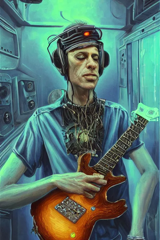 Image similar to portrait of a jewish punk playing an electronic!!-musical-instruments, intricate, stunning, highly detailed, digital painting, artstation, concept art, smooth, sharp, focus, illustration, neural implant designed by michael whelan, inside an a space station recording studio filled with strange surrealist detailed alien electronic and acoustic musical-instruments!! with blinking LEDs and oscilloscopes on screens in detailed alien interiors, backlit fog, designed by Larry Elmore Kerlaft and Pixar, photorealistic, 3d render, award winning render, unreal engine, octane render, studio lighting, 8k, hd