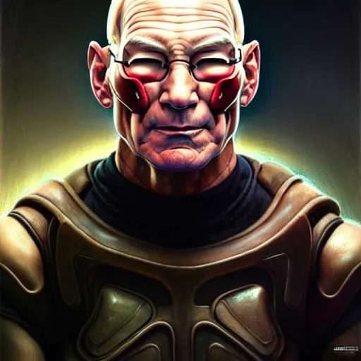 Prompt: portrait painting of a cyberpunk muscular patrick stewart with tusks, ultra realistic, concept art, intricate details, eerie, highly detailed, photorealistic, octane render, 8 k, unreal engine. art by artgerm and greg staples and elsa beskow and brian froud and jessica rossier