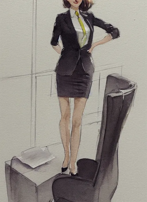 Image similar to concept art of a modern office life, young attractive business woman, pencil miniskirt, pinterest, artstation trending, behance, watercolor, by coby whitmore, silver, laser light,