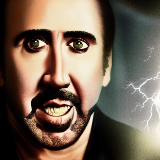 Prompt: closeup shot of nicolas cage with crazy grin and dramatic lightning and backlightning, highly detailed