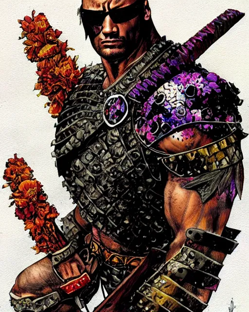 Prompt: portrait of a skinny punk dwayne johnson wearing armor by simon bisley, john blance, frank frazetta, fantasy, thief warrior, floral flowers colorful