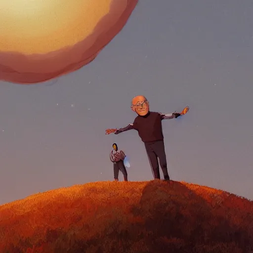 Prompt: the disembodied head of rudy giuliani is floating in the sky and covering the sun. the sky is orange. people on the ground are running away out of fear. a rotoscoped image, comedy, ( ( concept studio ghibli ) ) ( ( by greg rutkowski ) )