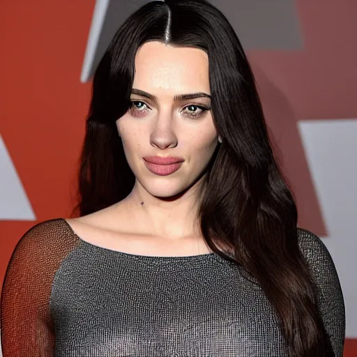 Image similar to a woman who is a genetic combination of kim kardashian and kat dennings and scarlett johansson and margot robbie and emma watson, face and upper - body focus, detailed eyes