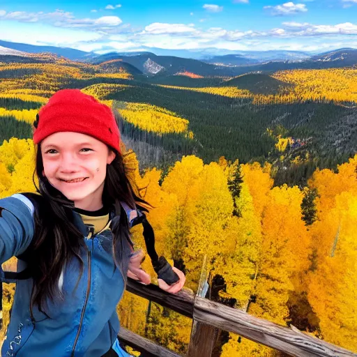 Image similar to a selfie of cute tomboyish girl taken on top of a mountain in Colorado, Aspen trees with Fall Colors in the background