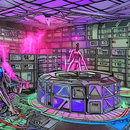 Image similar to you see a technomagical laboratory cluttered with computers and arcane components. in the middle of the room a technomancer wizard in robes whispers to his synthesized ai djinn. behind them is a large supercomputer. the room is lit with dayglow pink and blue dazzle camouflage patterns.