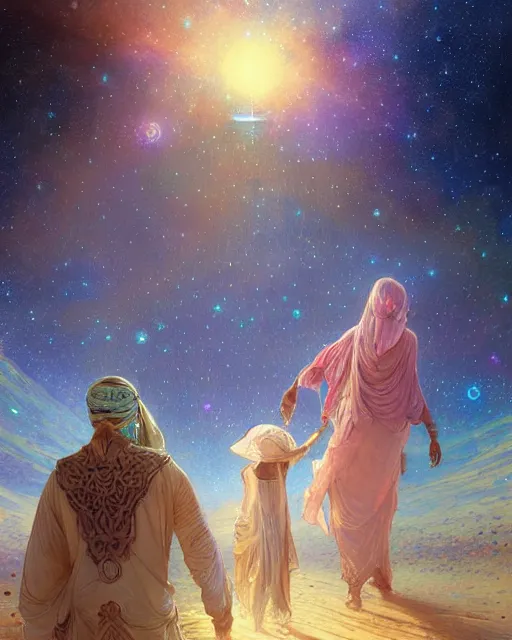 Image similar to bedouin man and woman and child in galaxy walking towards mosque surrounded by nebula, highly detailed, gold filigree, romantic storybook fantasy, soft cinematic lighting, award, disney concept art watercolor illustration by mandy jurgens and alphonse mucha and alena aenami, pastel color palette, featured on artstation