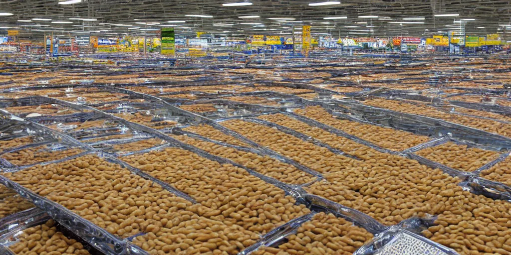 Prompt: the inside of a walmart submerged in baked beans