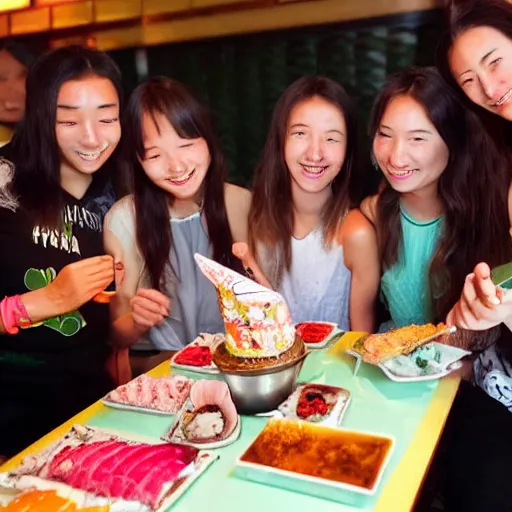 Prompt: south african teenage girl and her friends celebrate at a birthday party in a sushi bar in sunny tokyo