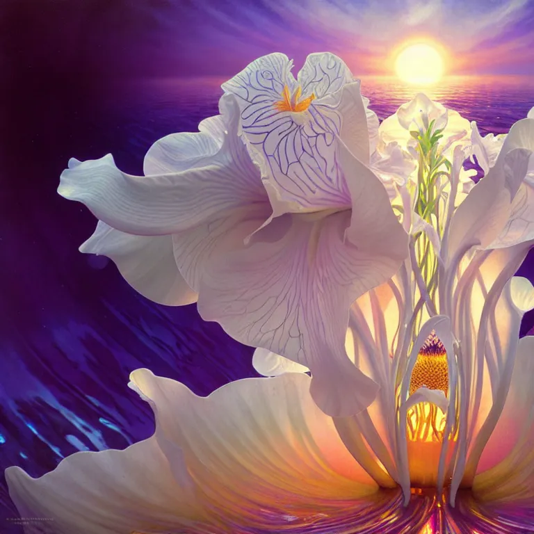 Image similar to detailed giant white holographic orchid iris hybrid flower surrounded by ocean waves, lsd water, lsd ripples, droplets, backlit, sunset, refracted lighting, art by collier, albert aublet, krenz cushart, artem demura, alphonse mucha