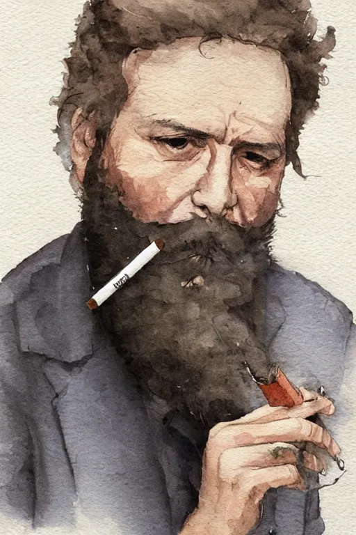 Image similar to portrait of a middle - aged writer with a beard, he is smoking a cigarette, watercolor style of greg rutkowski